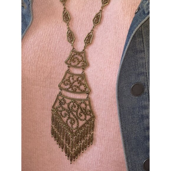 Vintage Monet Gold Filigree Paisley Tassel Statement Necklace 1970S Designer Art - Picture 13 of 16